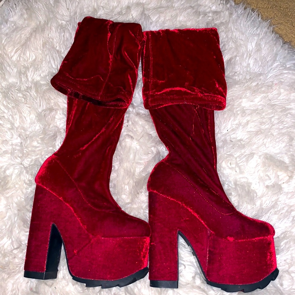 Red thigh high velvet boots